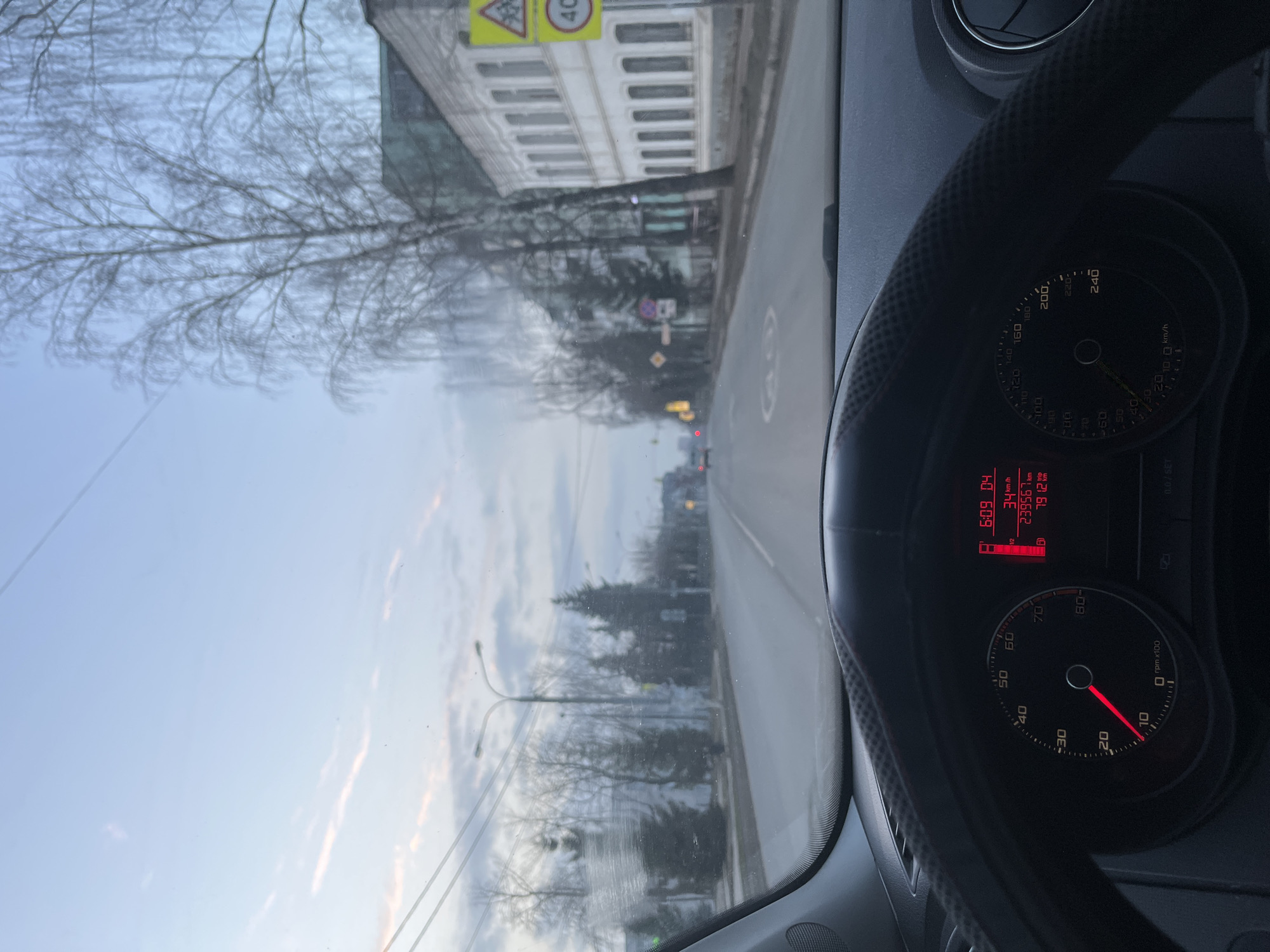 Early morning drive through residential Klin, Russia streets