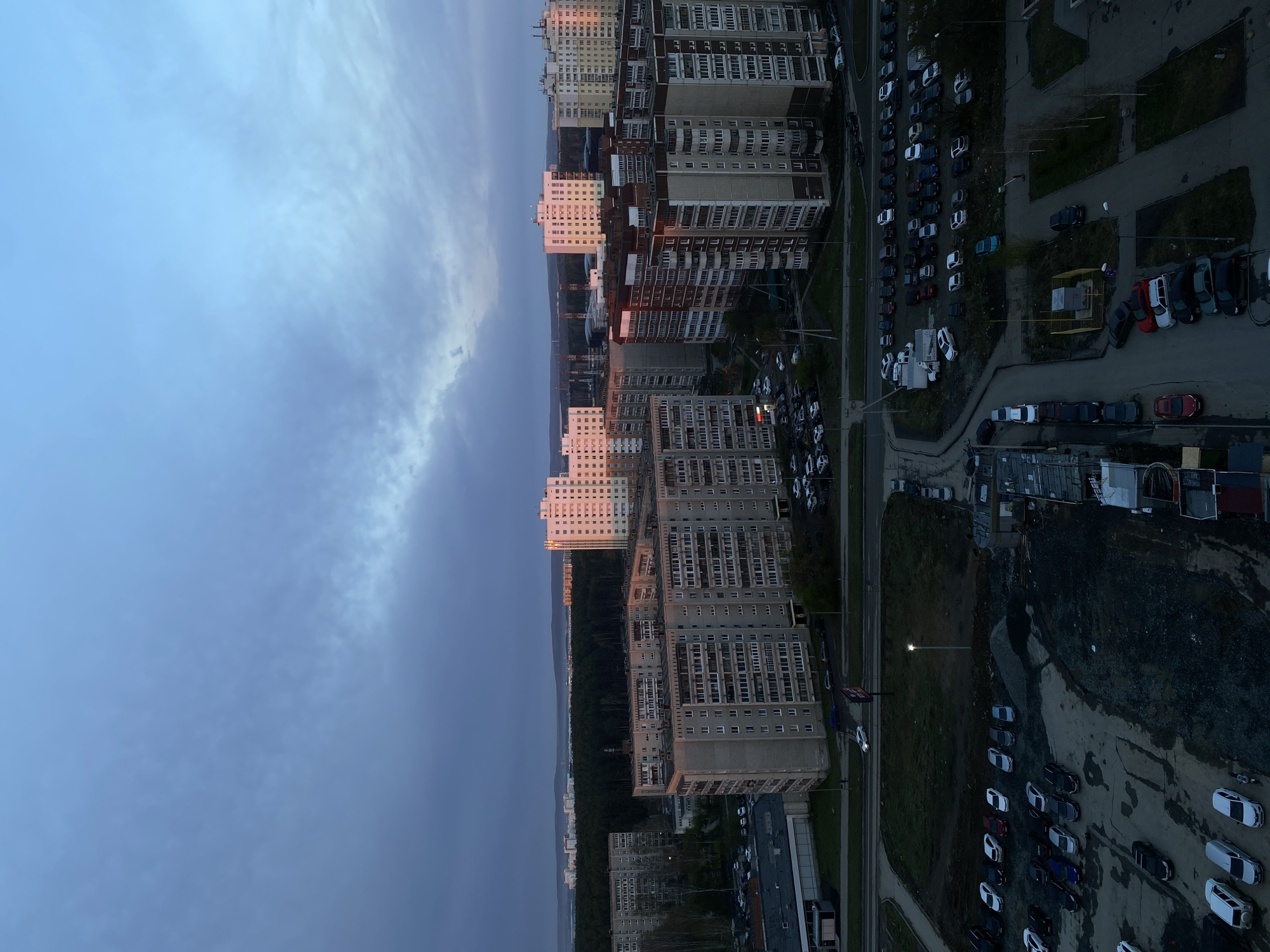 Elevated views of Yekaterinburg apartment buildings documented early morning