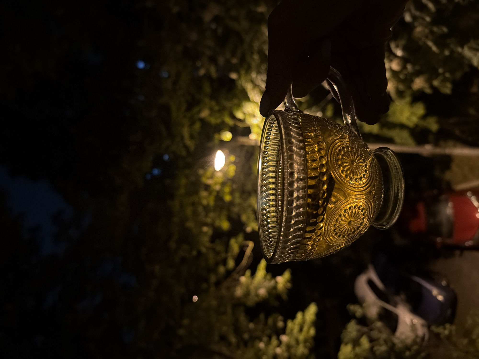 Evening domestic moments captured: drink, cat, tapestries, street lights
