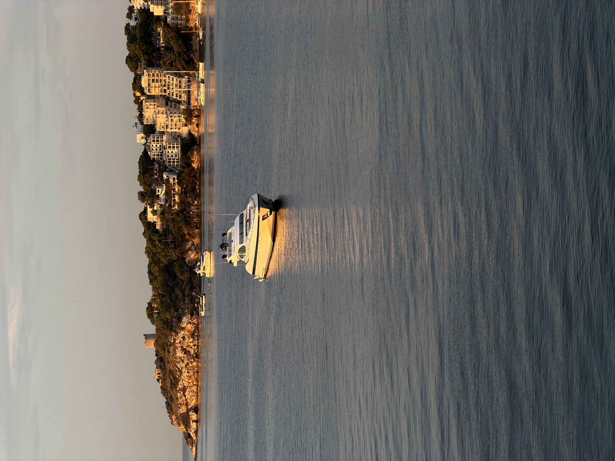 Palmanova bay at golden hour, boats, blooms, and a torii gate
