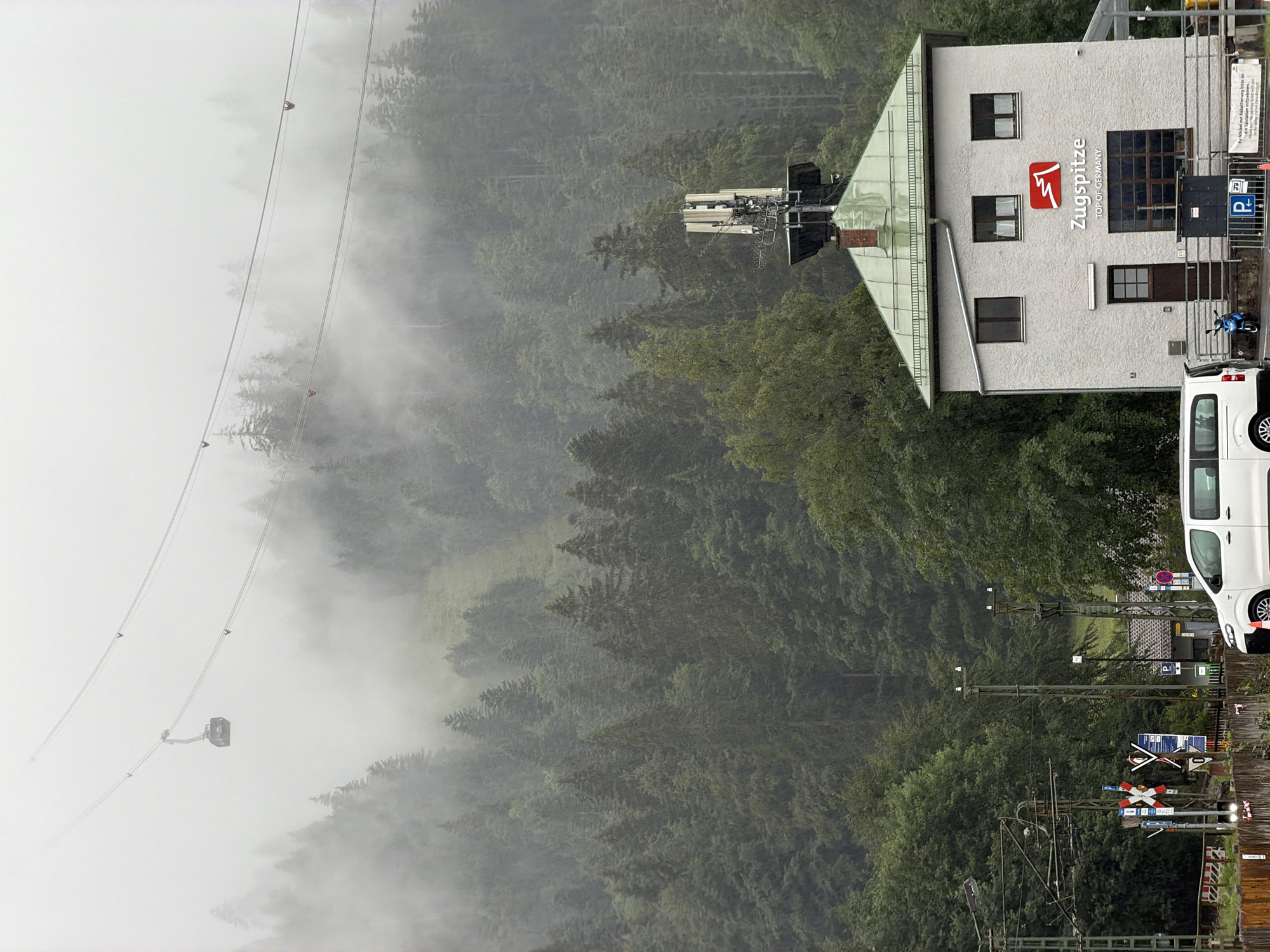Foggy morning at the Zugspitze cable car base, Grainau