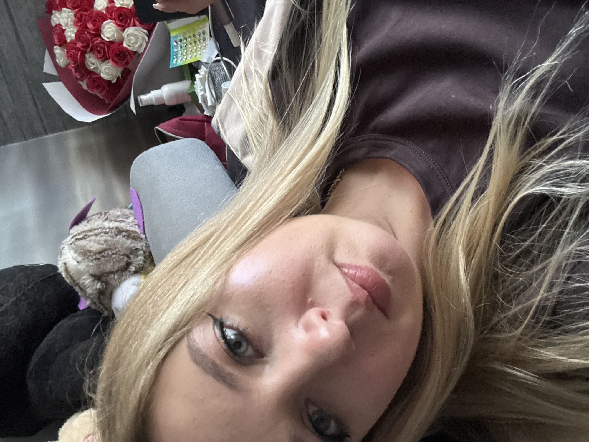 Selfie session from a couch, multiple angles, one sitting.
