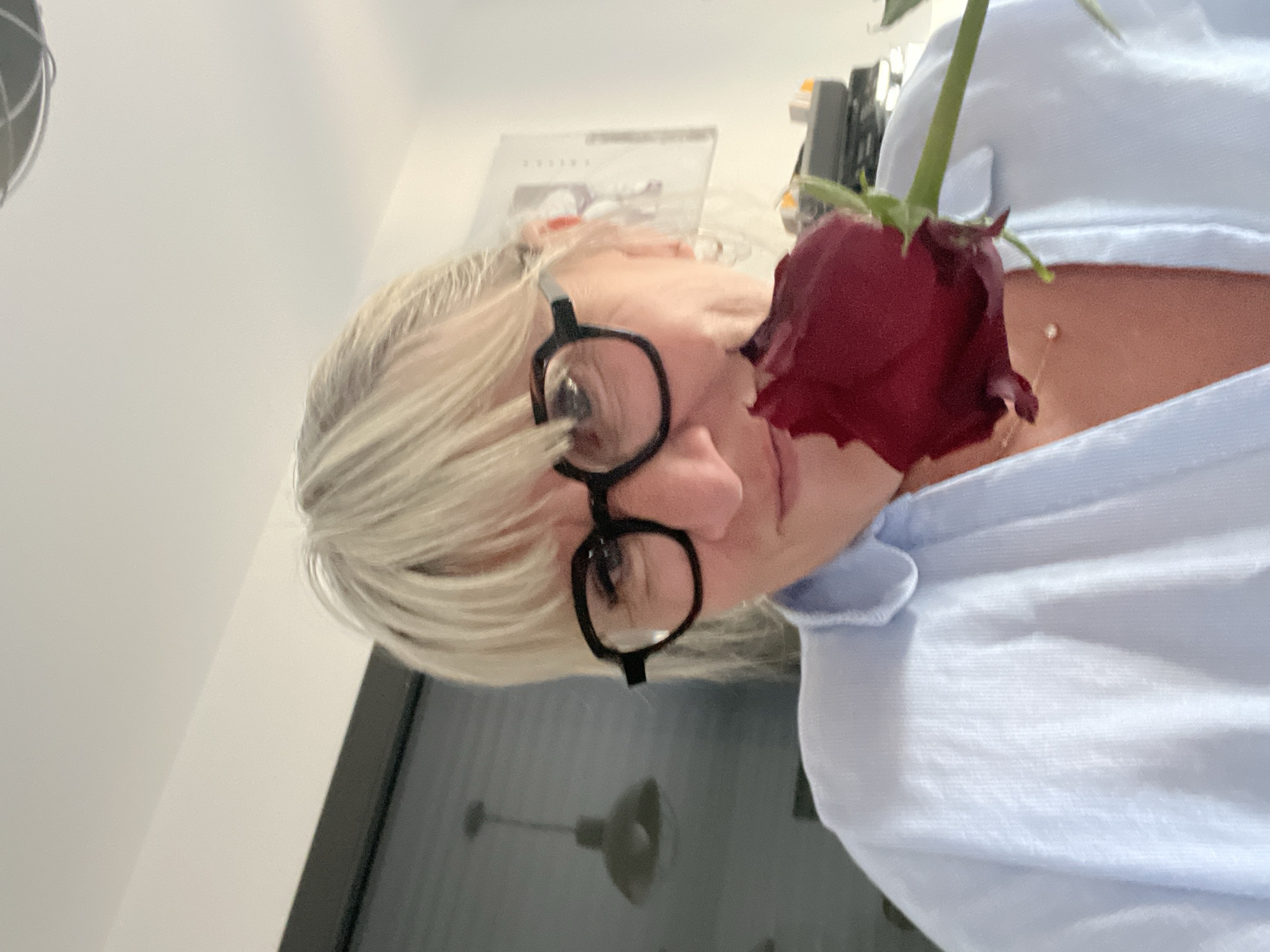 Person smells red rose in Chambœuf, France morning scene