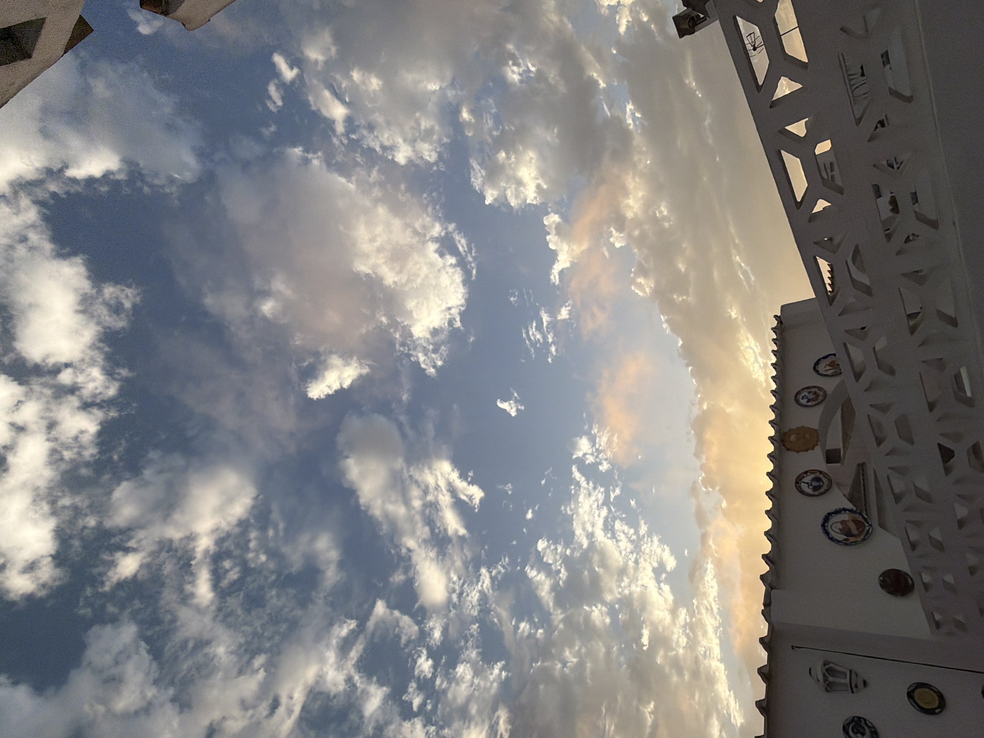Torrevieja sunset evening, clouds, and a Pomeranian indoors