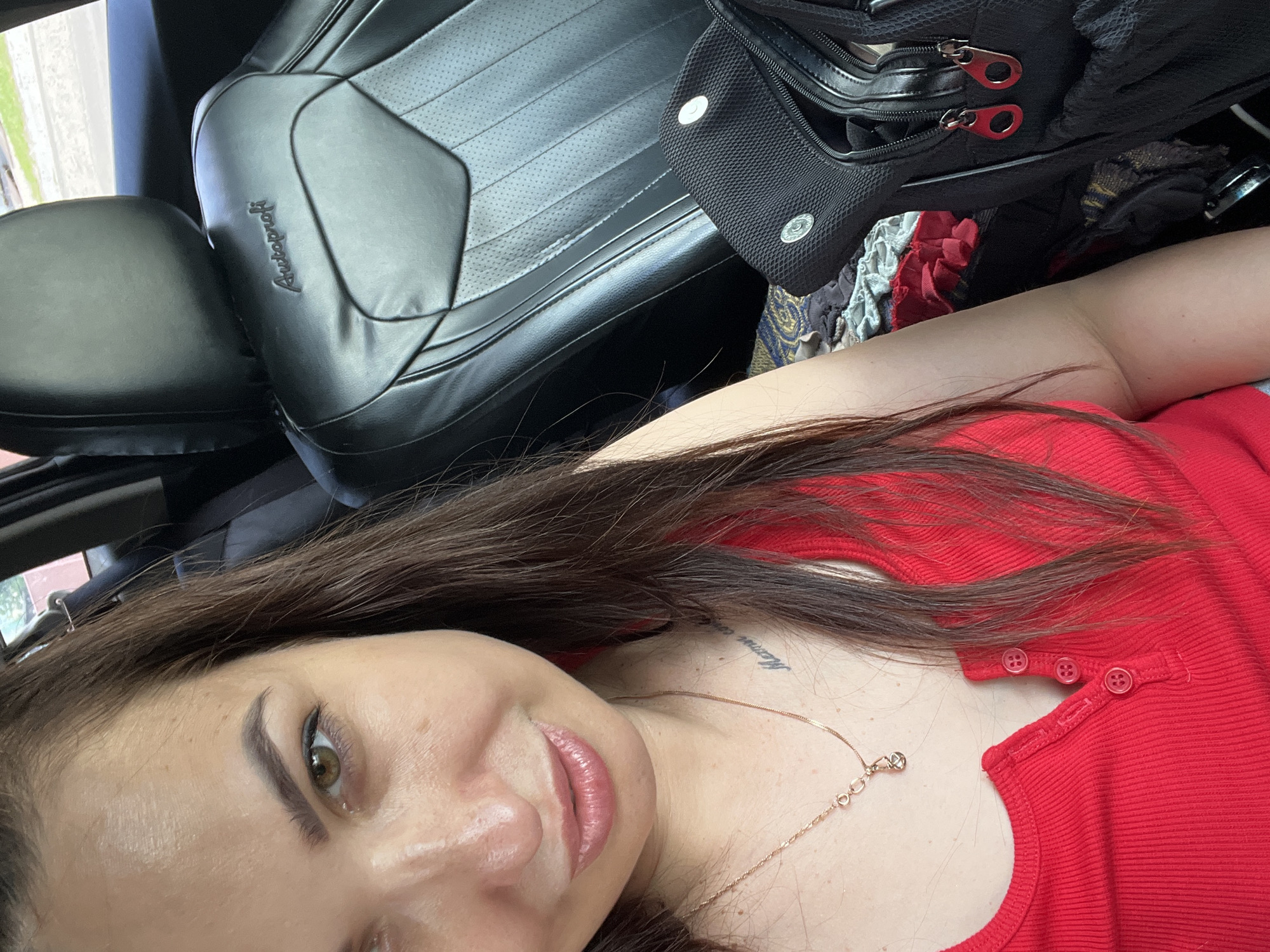 Car selfie session, red top and sunglasses, multiple angles