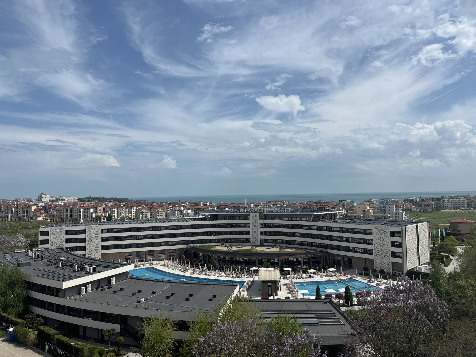Aerial view captured of Aqua Paradise Resort in Ravda