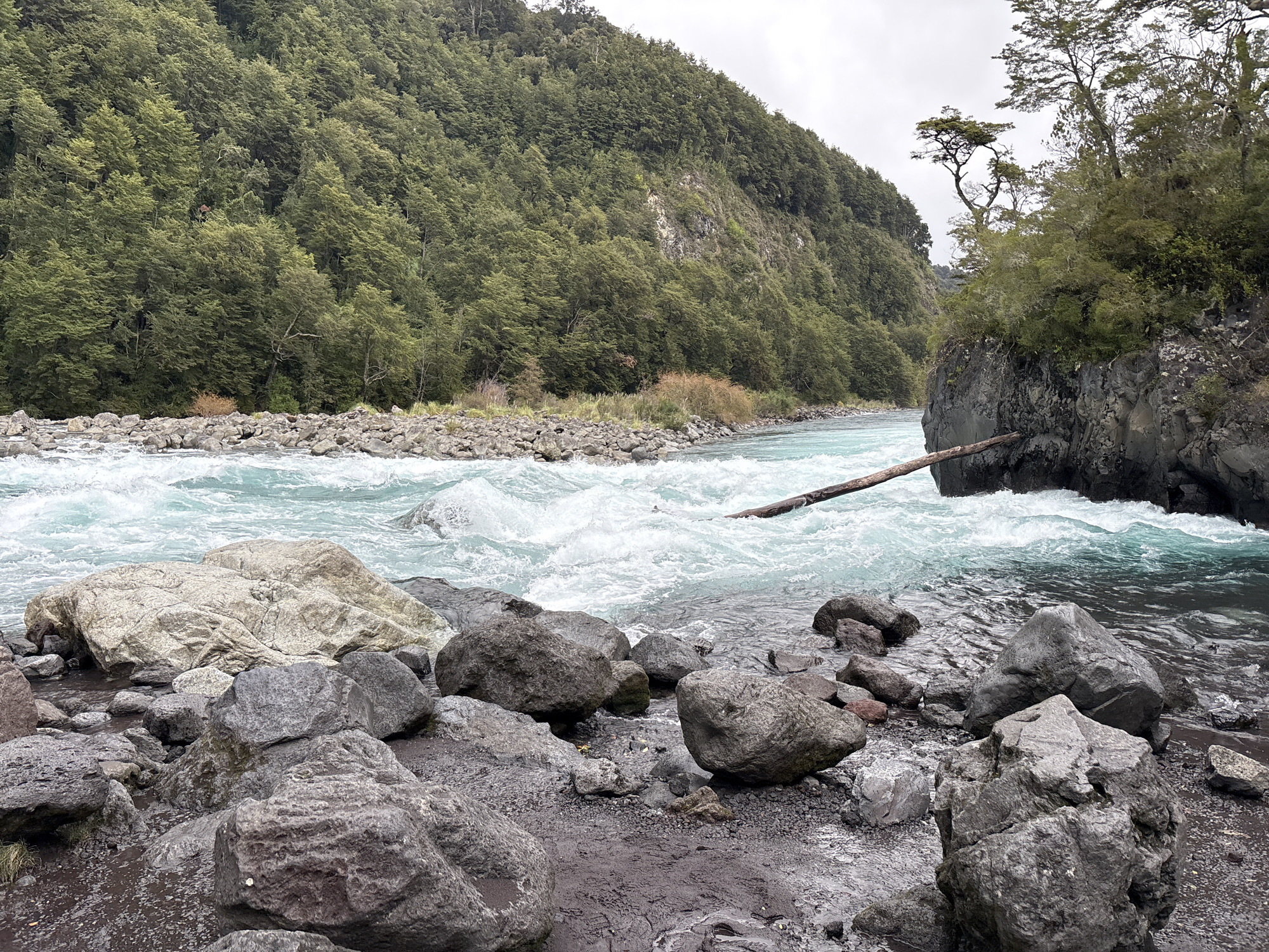 Turquoise river rapids documented in Puerto Varas, Chile
