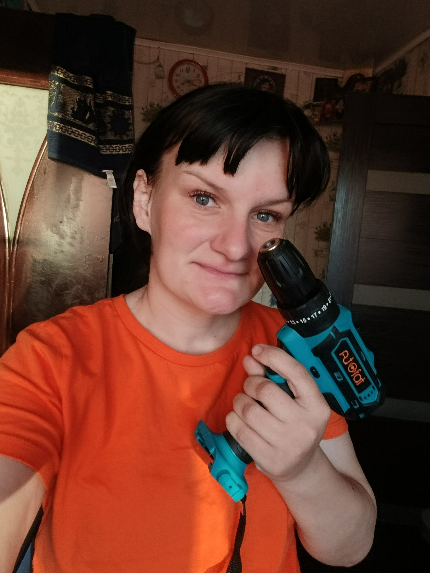 Woman takes selfie with device in Фоки, Russia