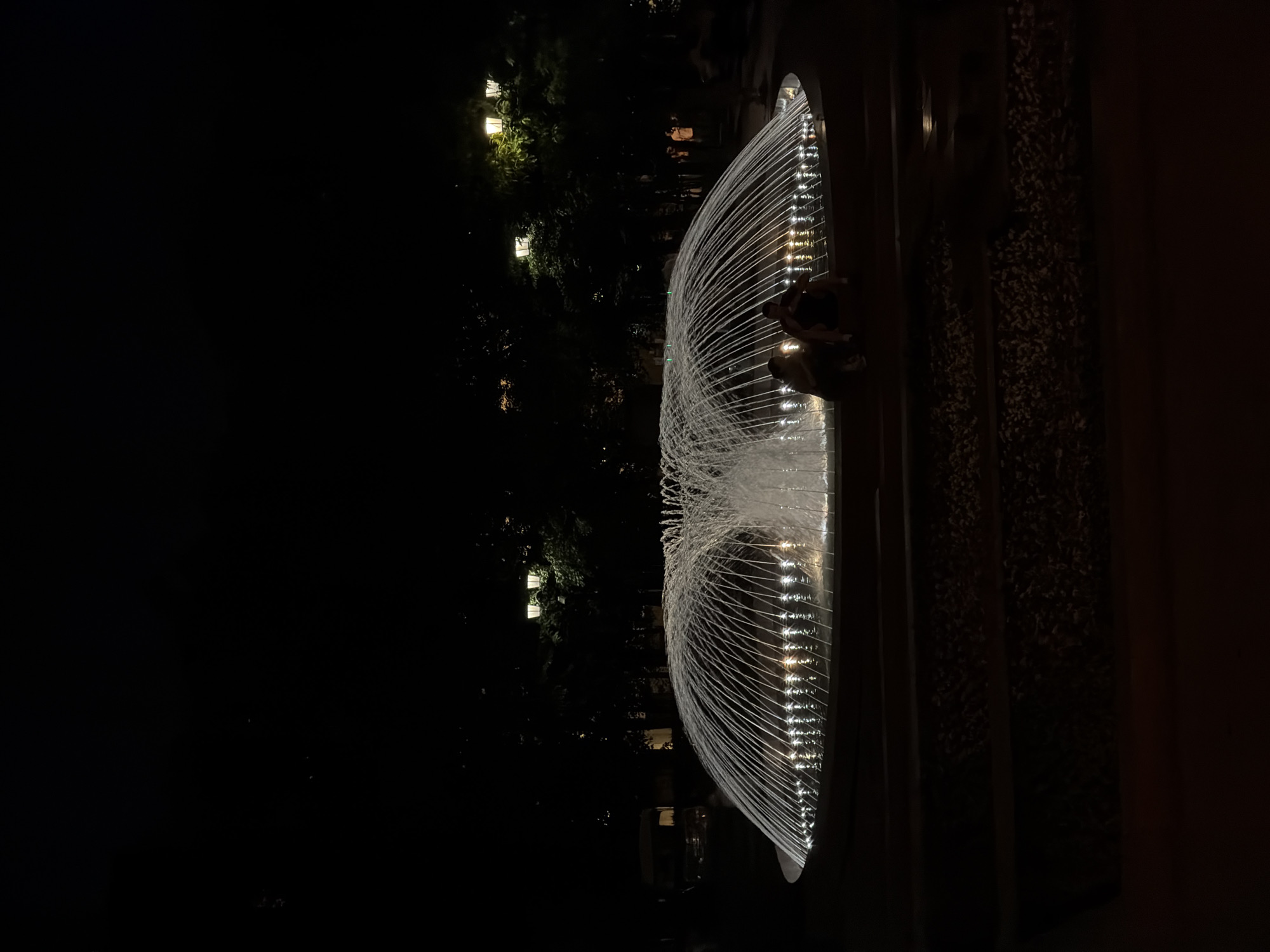 Evening fountain scene witnessed in Moscow with figures nearby