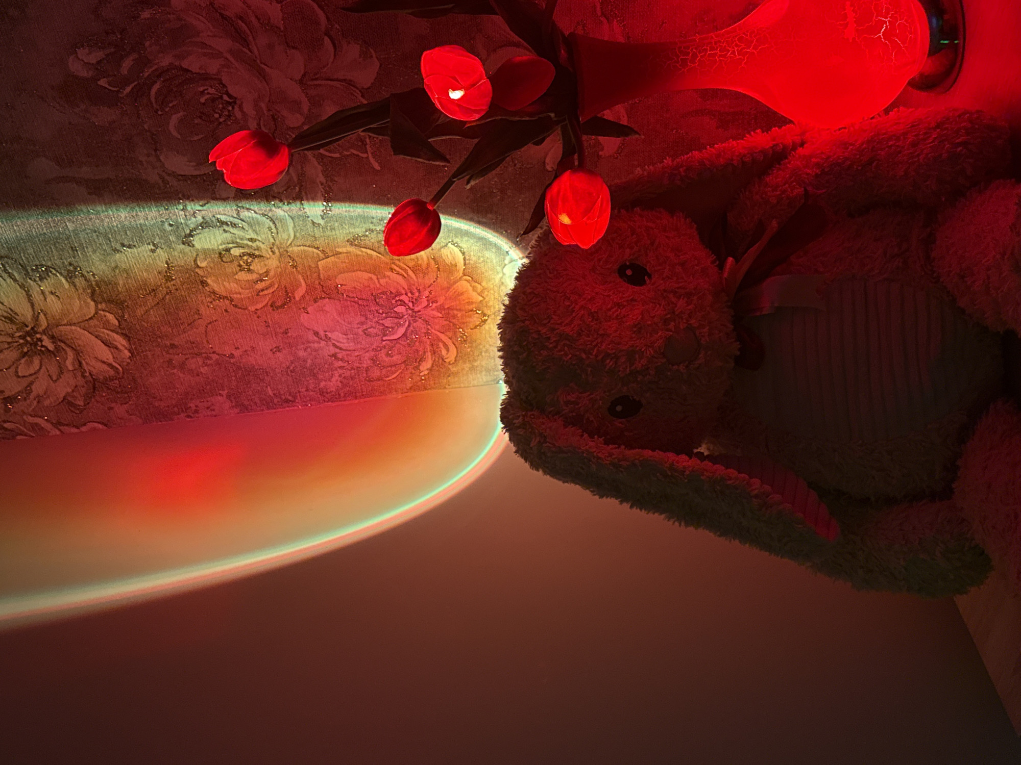 Indoor art photography session features colorful projected lighting effects