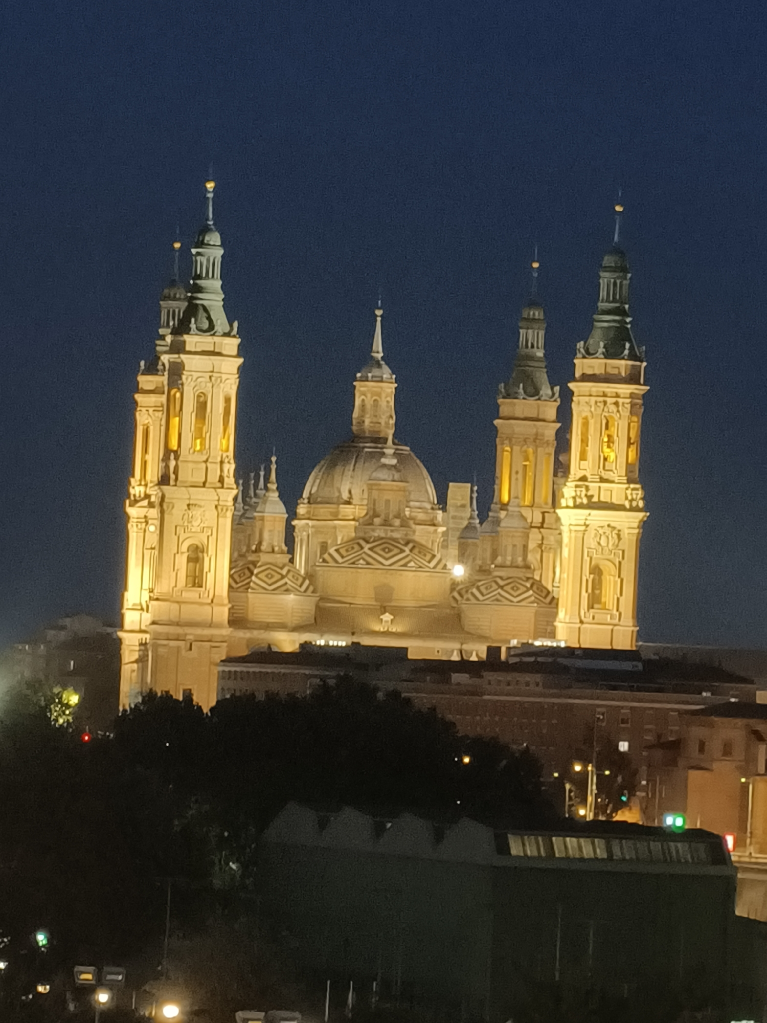 Zaragoza's Basilica of Our Lady of Pillar photographed at night