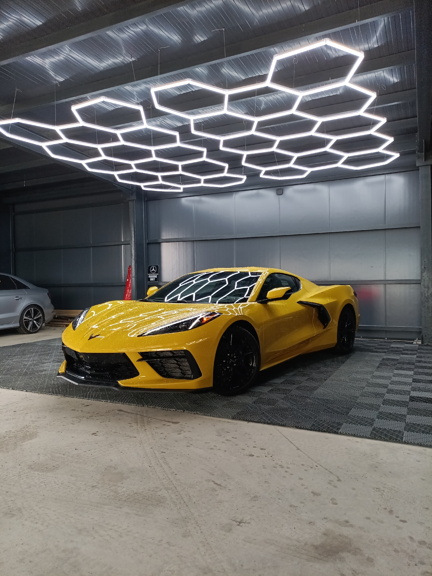 Yellow Corvette spotted in Bulgarian garage with LED lights