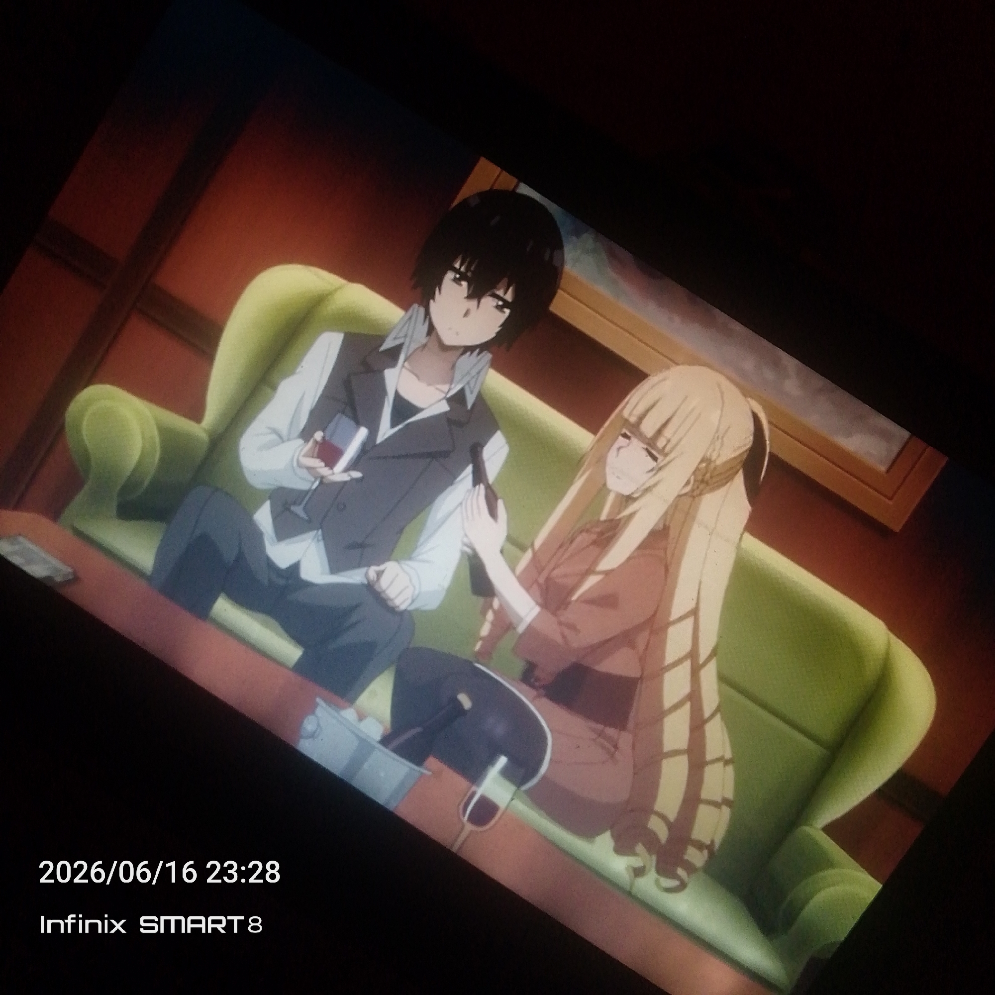 Anime browsing session on a laptop in a dim room, Jos