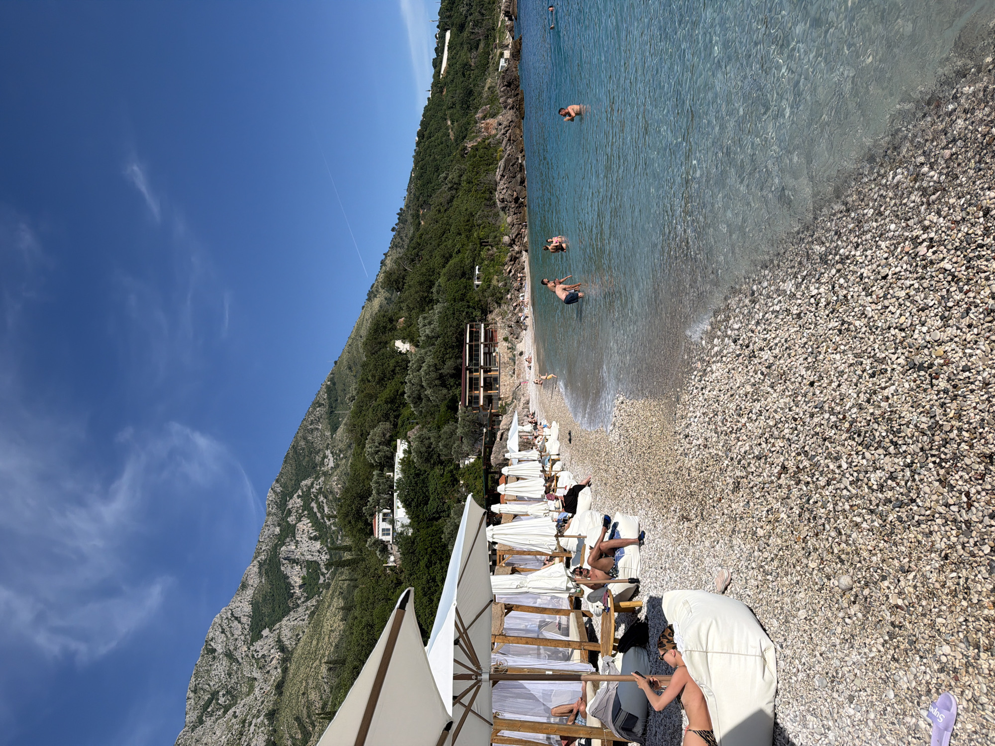 Beach activity at Sveti Stefan under clear skies