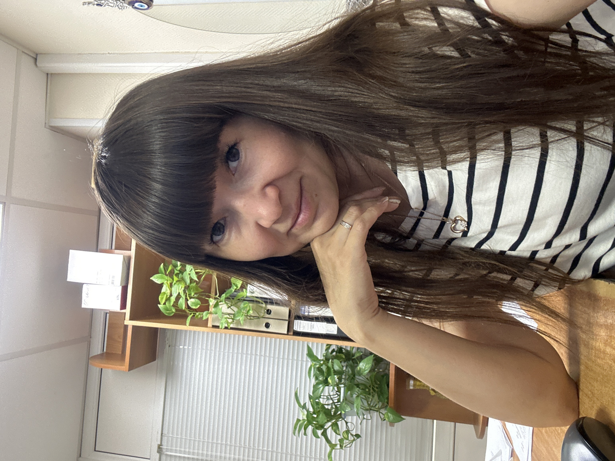 Back-to-back office selfies, desk and mirror angles