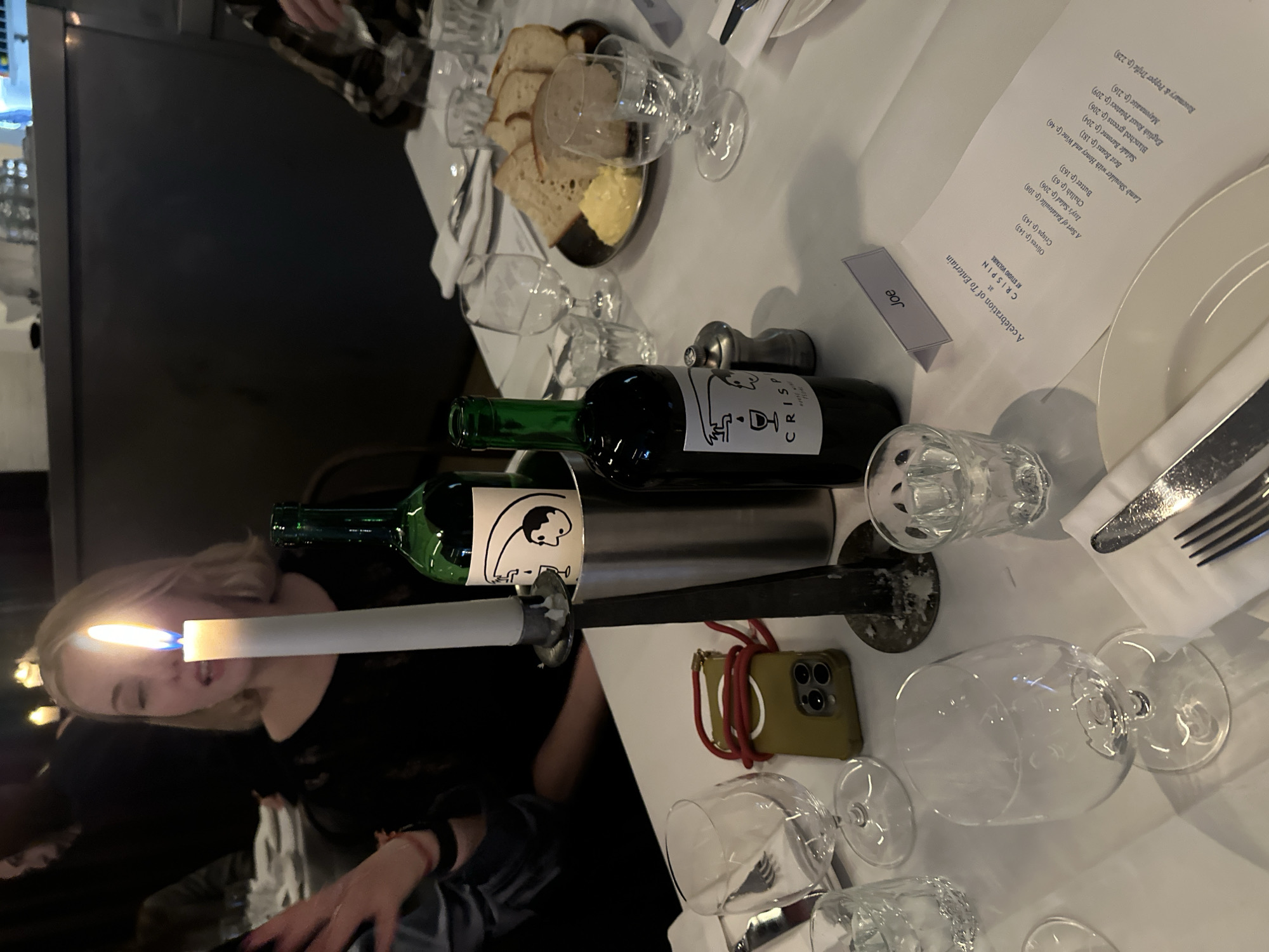 Evening dinner gathering at London restaurant features formal dining, wine