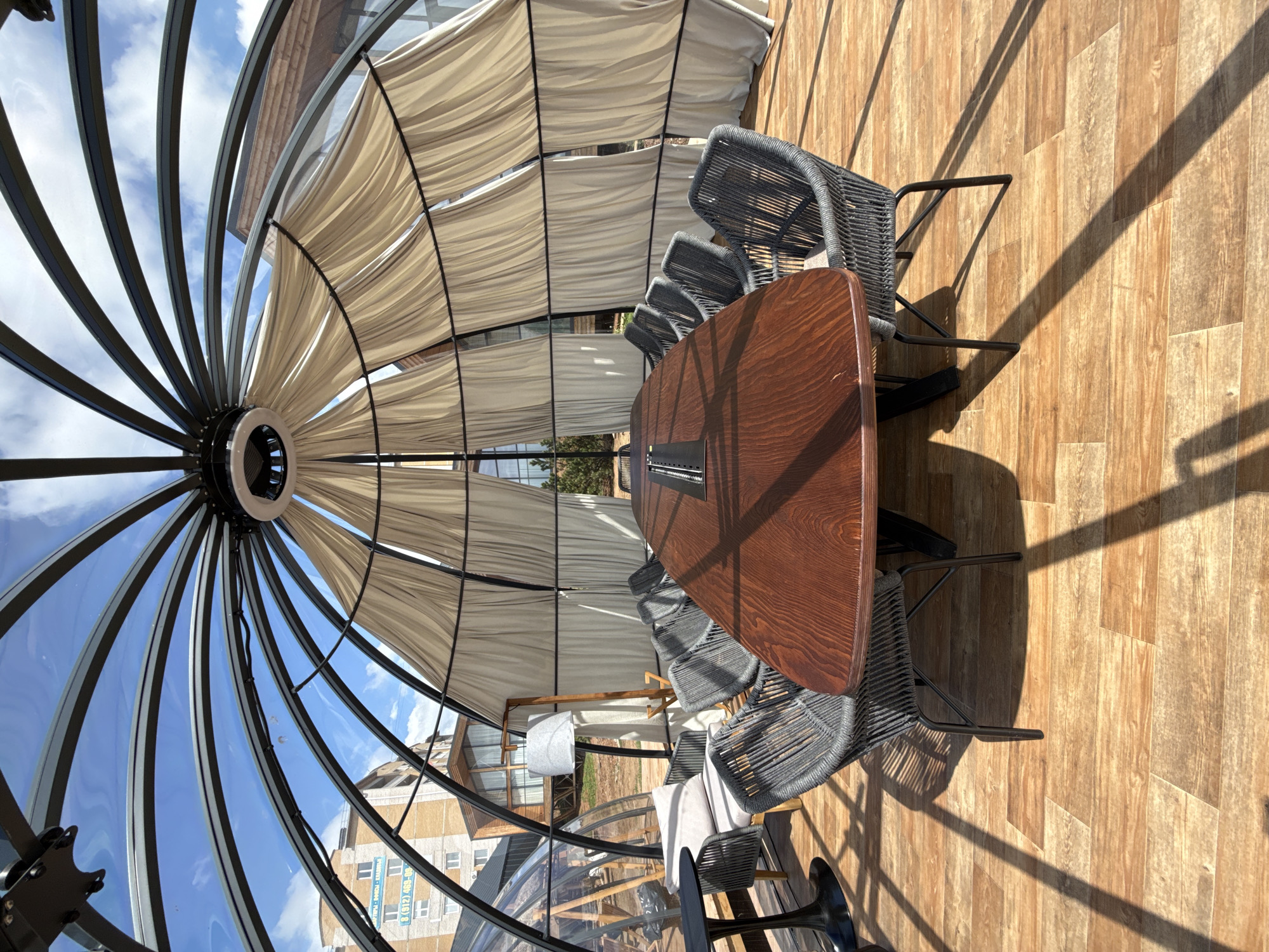 Geodesic dome restaurant structures documented along Votkinsk waterfront