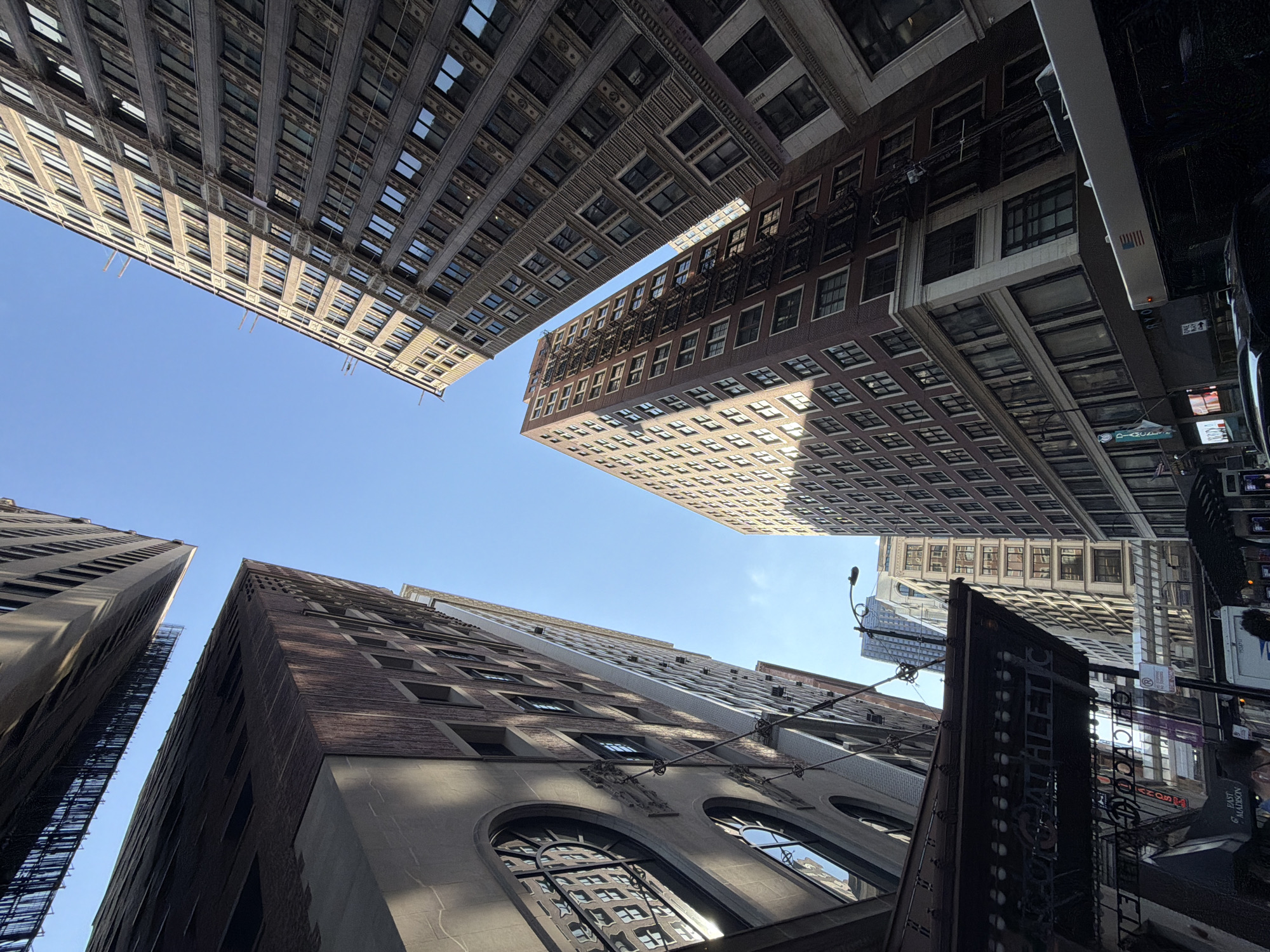 Chicago buildings photographed from below showing architectural diversity