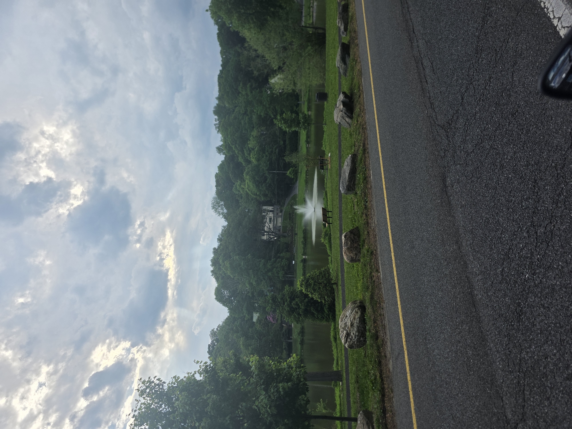 Evening documentation of New Rochelle park fountain and residential area