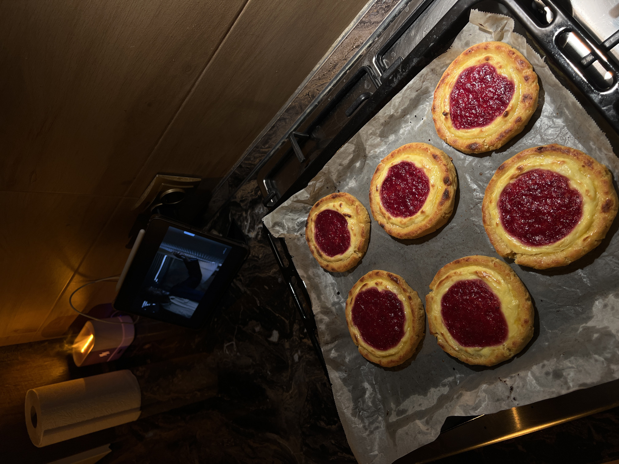 Homemade jam tarts baked in a Ternopil kitchen, cat included.
