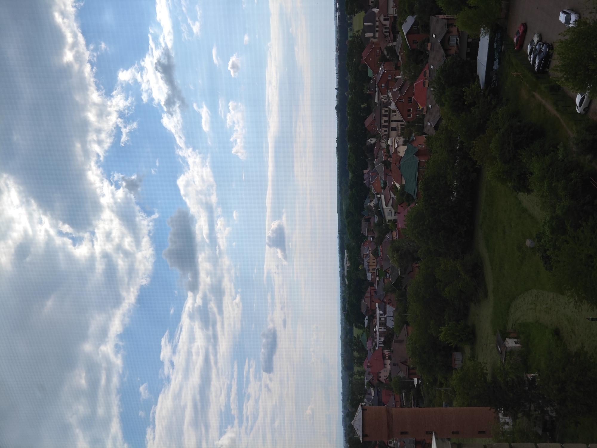 Aerial view captures urban landscape under partly cloudy skies