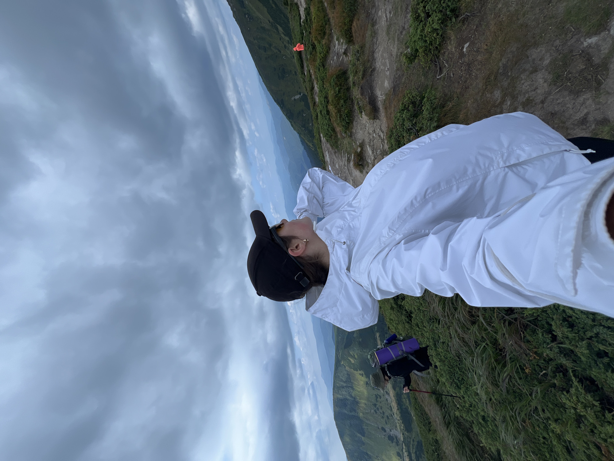Mountain trail selfie on a cloudy morning in Luhy, Ukraine