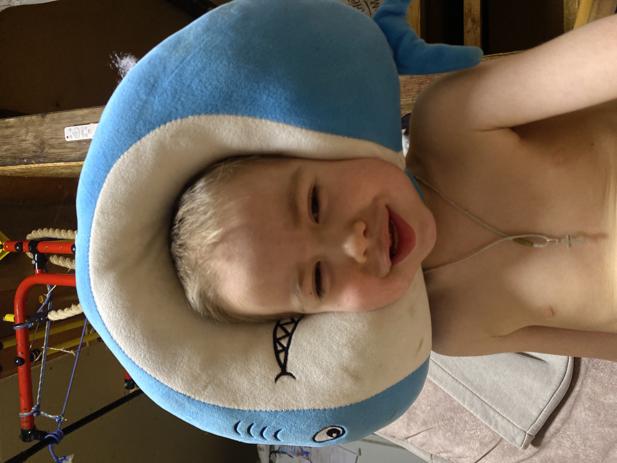 Smiling toddler photographed in shark-themed pillow in Ольховка