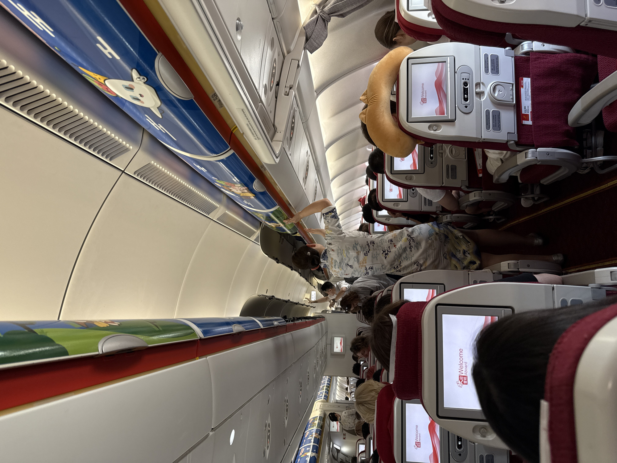 Cartoon-decorated cabin interior on a flight out of Xiaoshan