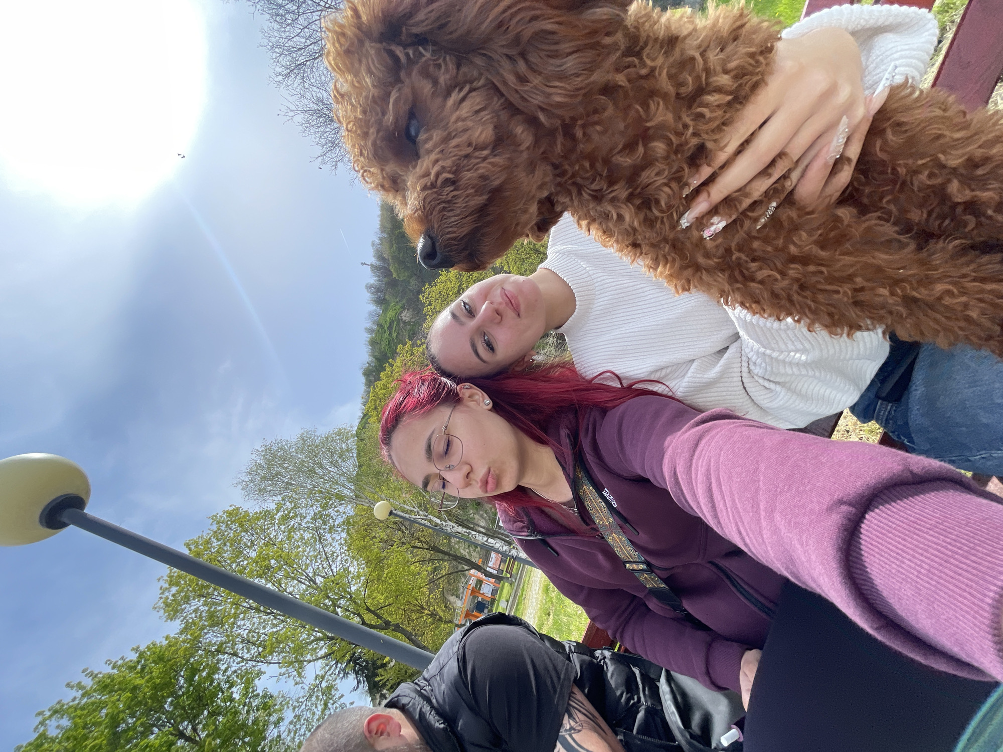 Three people with dog gather on park bench in Nikopol
