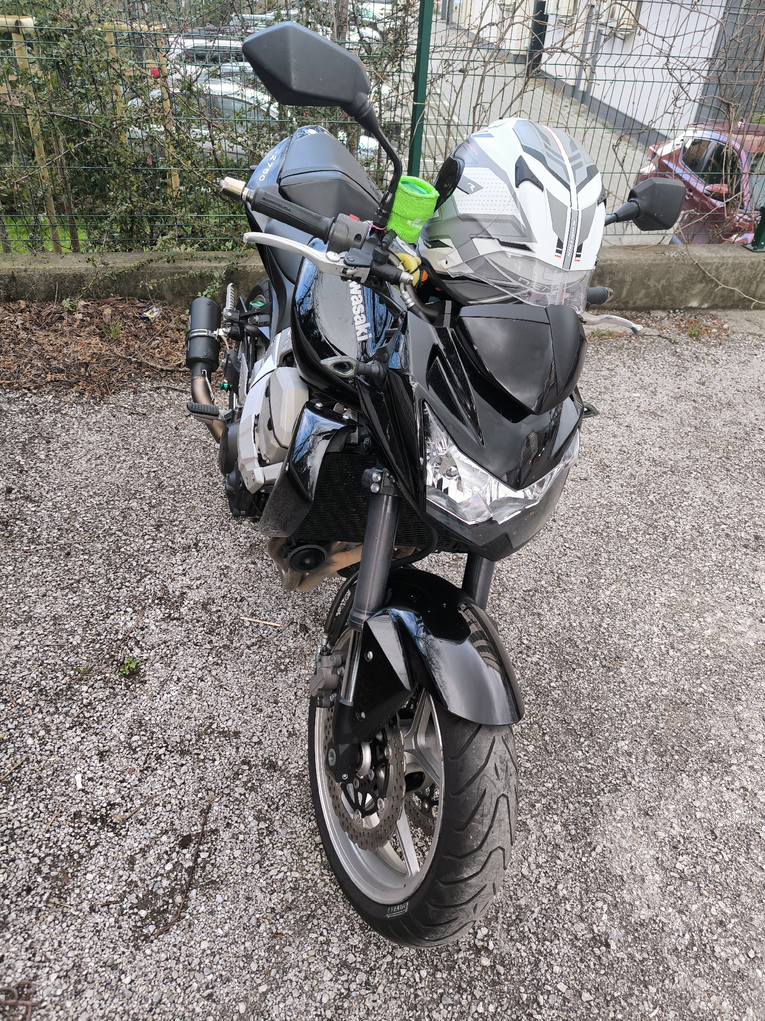 Motorcycle with helmet parked in Sofia, Bulgaria
