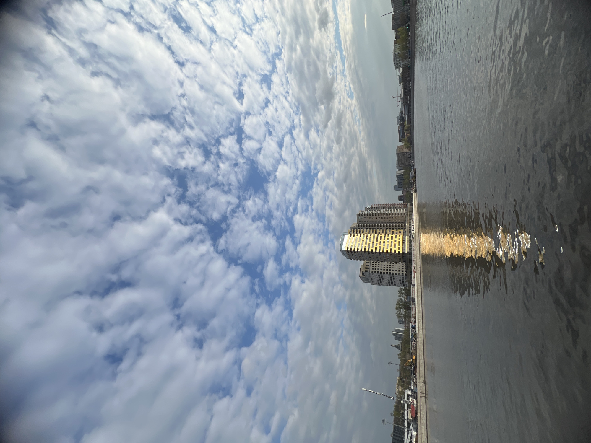 Woman takes riverside selfie in Moscow cityscape