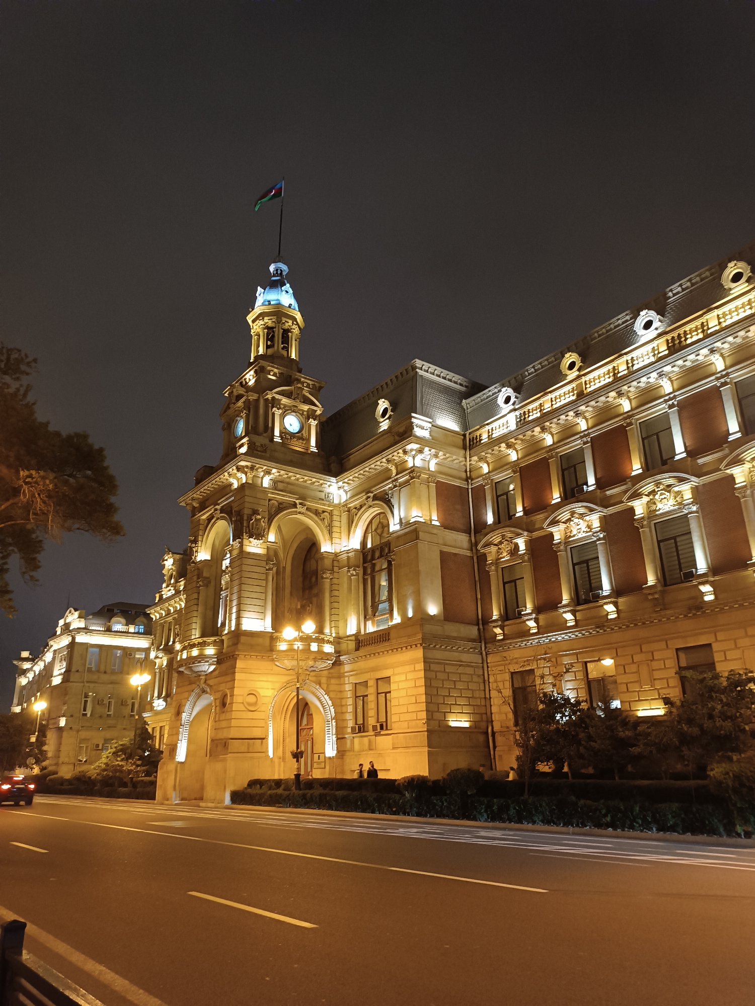 Baku's historic architecture illuminated in evening display
