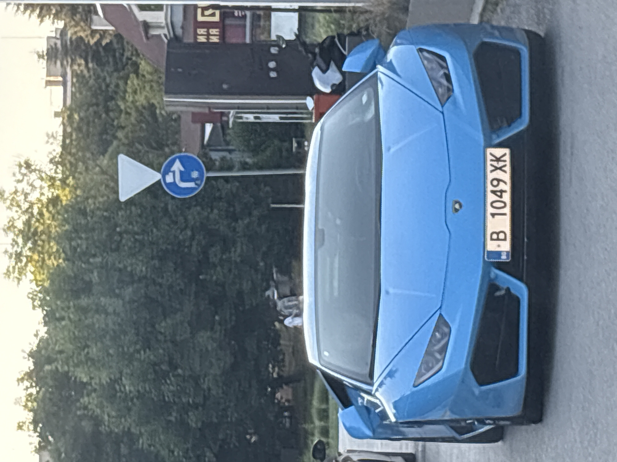 Blue Lamborghini parked outdoors, front end on display