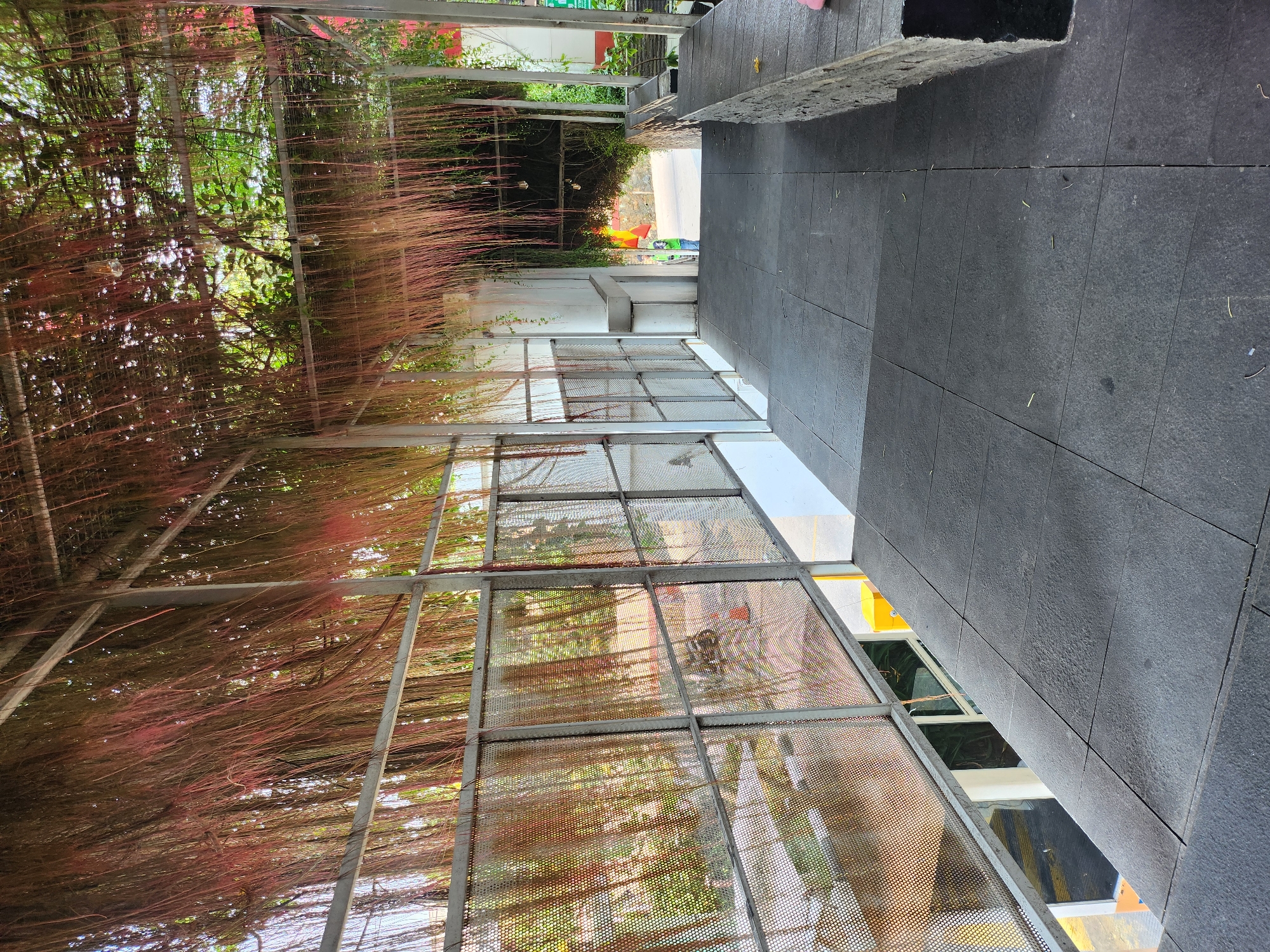 Covered urban walkway in Depok, vines and mesh railings