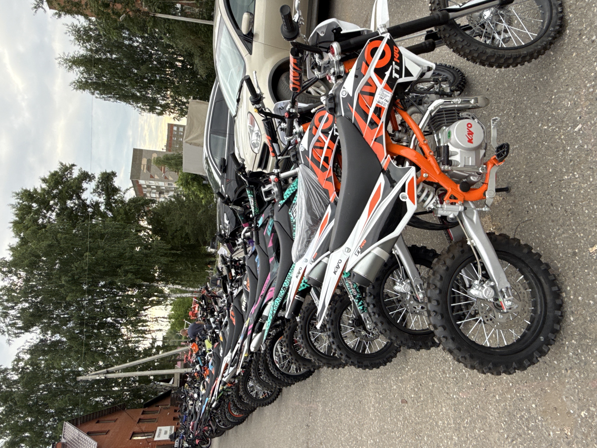 Dirt bikes gather outside motorcycle dealerships in Votkinsk, Russia