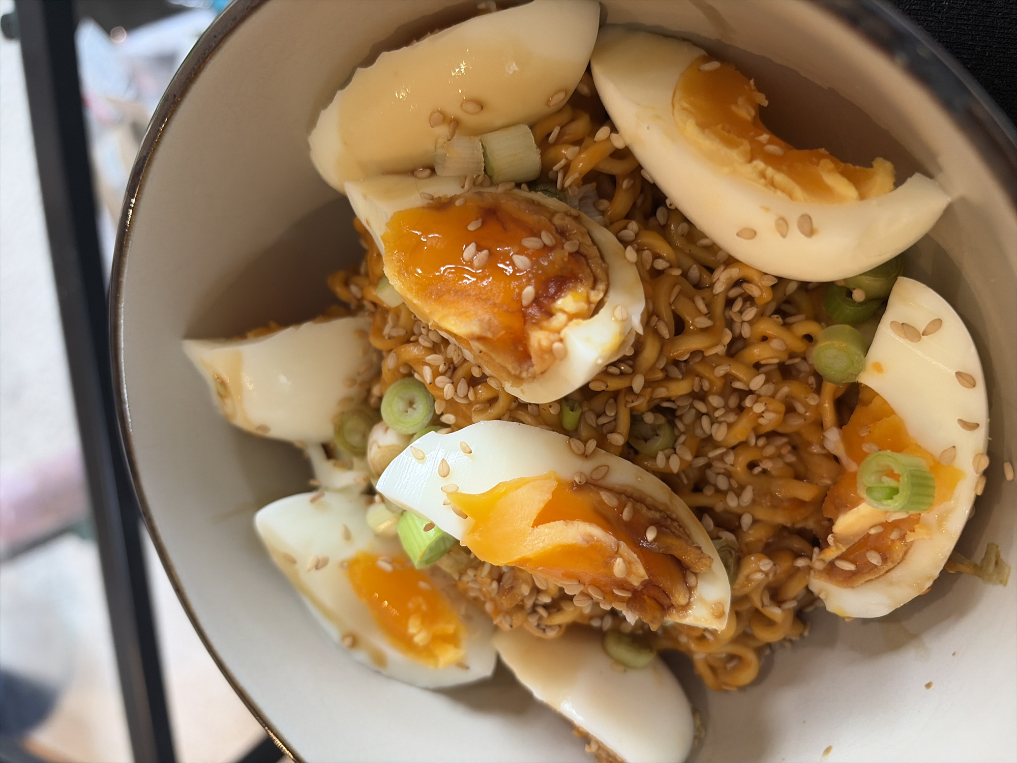 Ramen bowl photographed in Rushmoor with eggs and garnishes