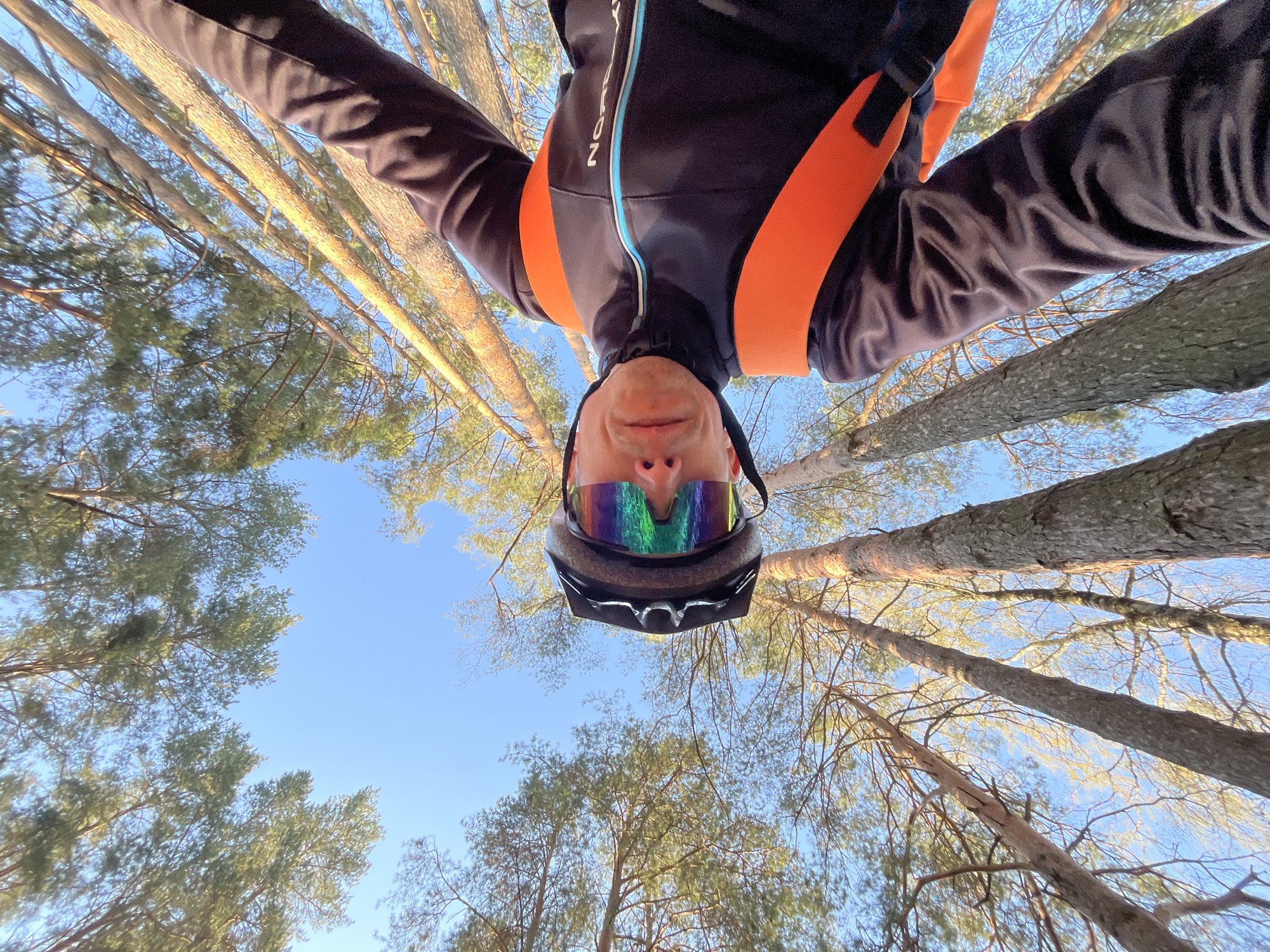 Cyclist photographed during early morning forest ride in Chaikovsky
