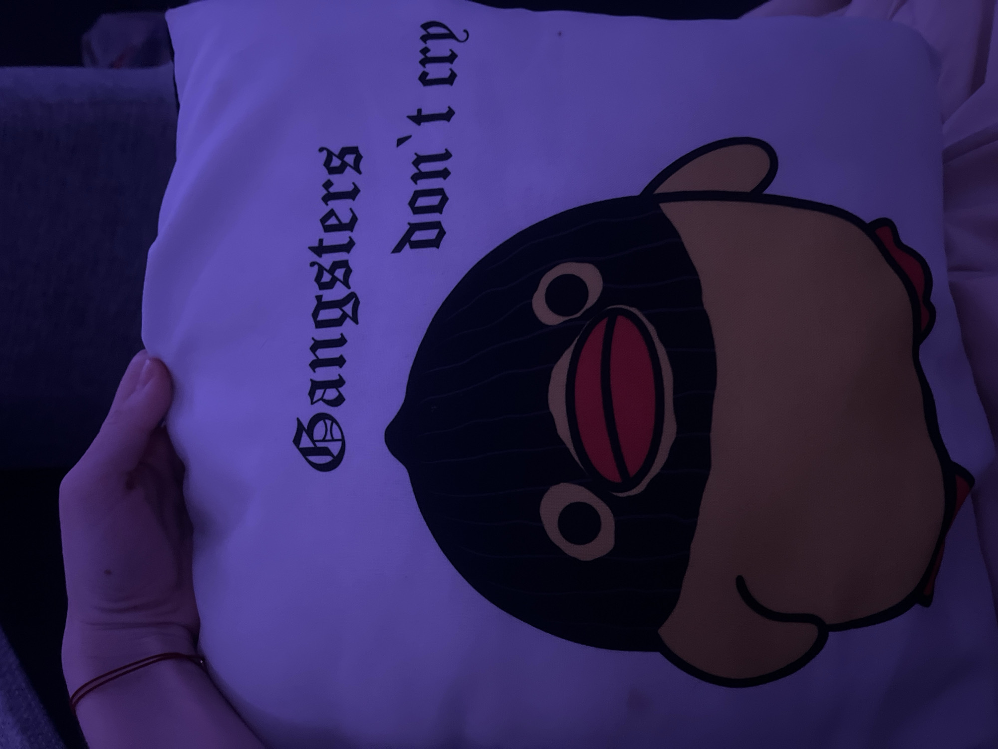 Person poses with novelty cartoon pillows in Saint Petersburg bedroom