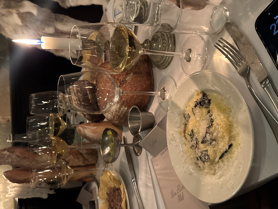 Multi-course restaurant dinner documented from appetizers through dessert