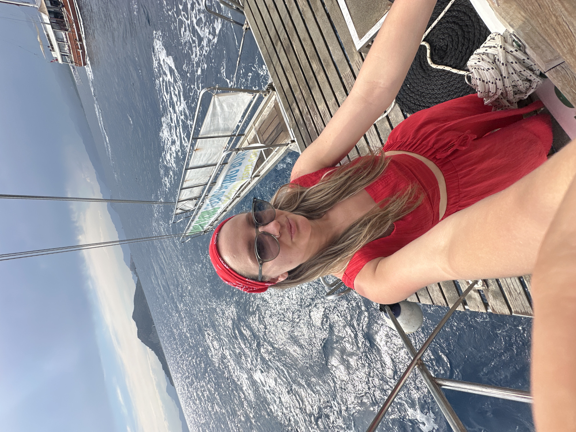 Tourist takes selfie on Mediterranean boat near Turkish coast