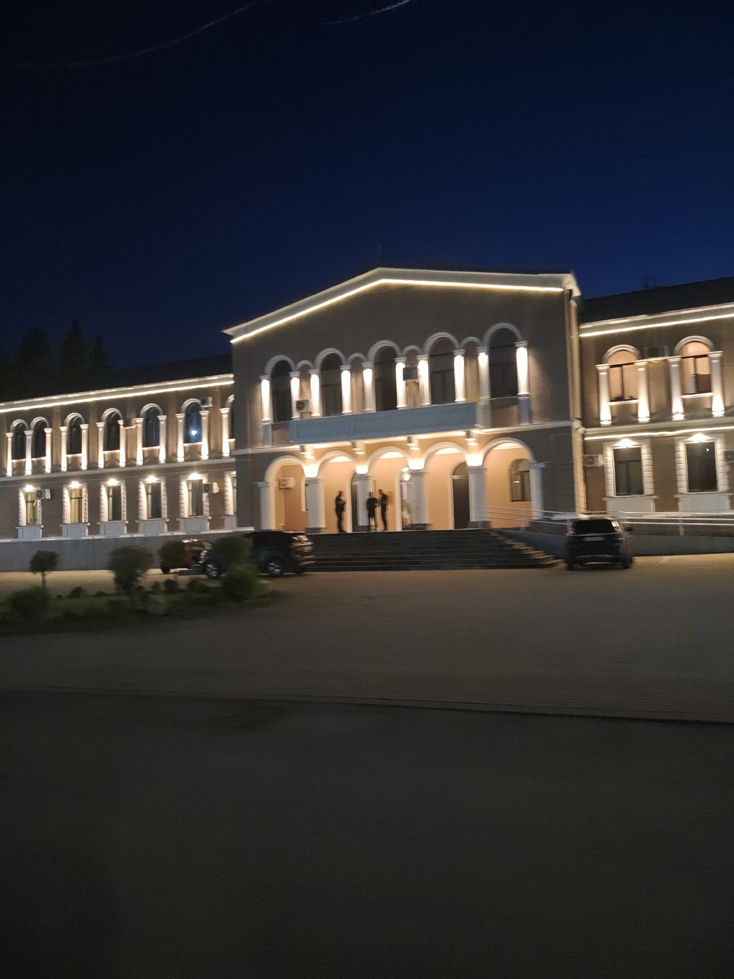 Terjola town center at night, church and civic building lit up