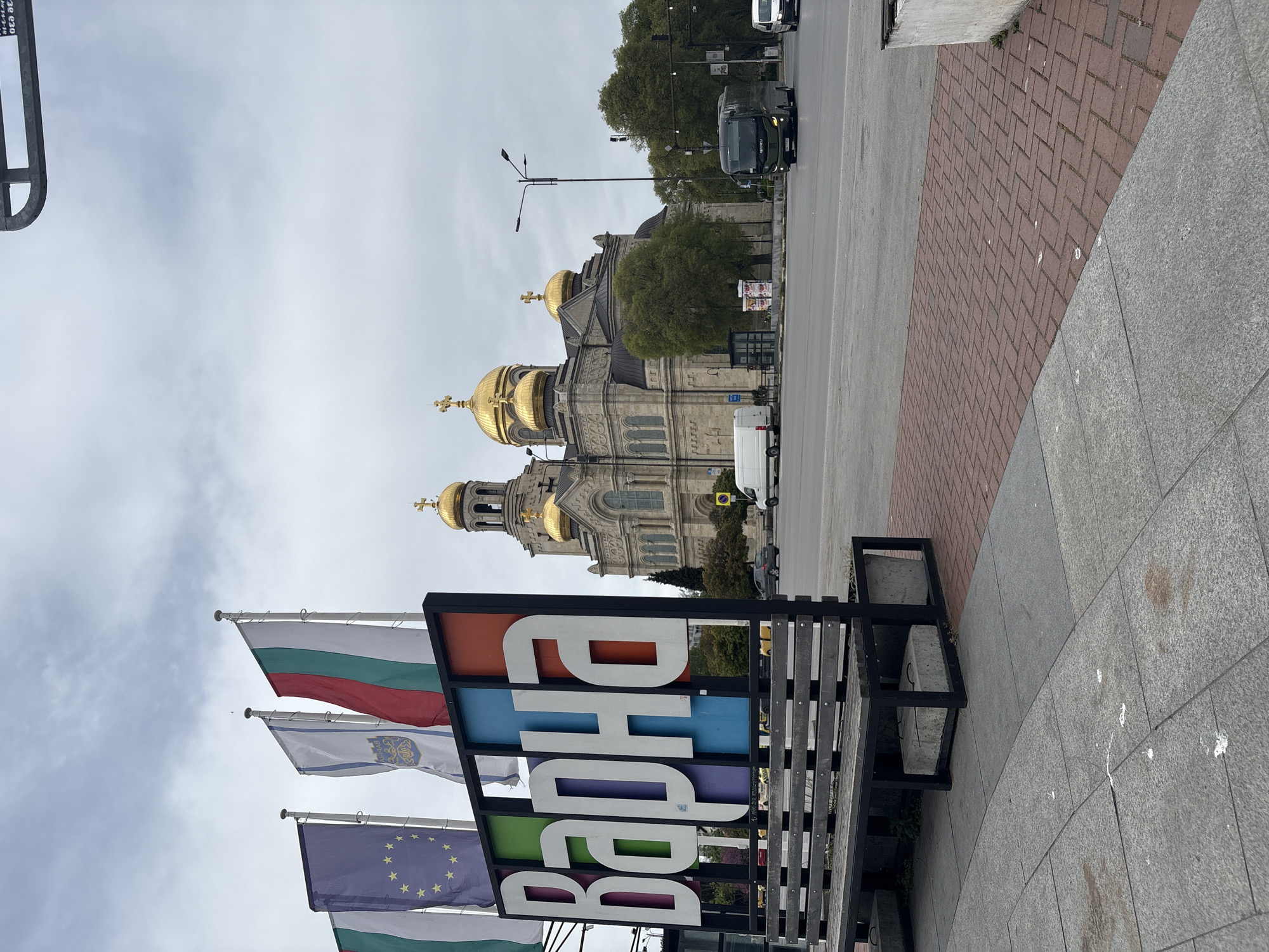 Decorative Varna city sign with flags observed in Bulgaria