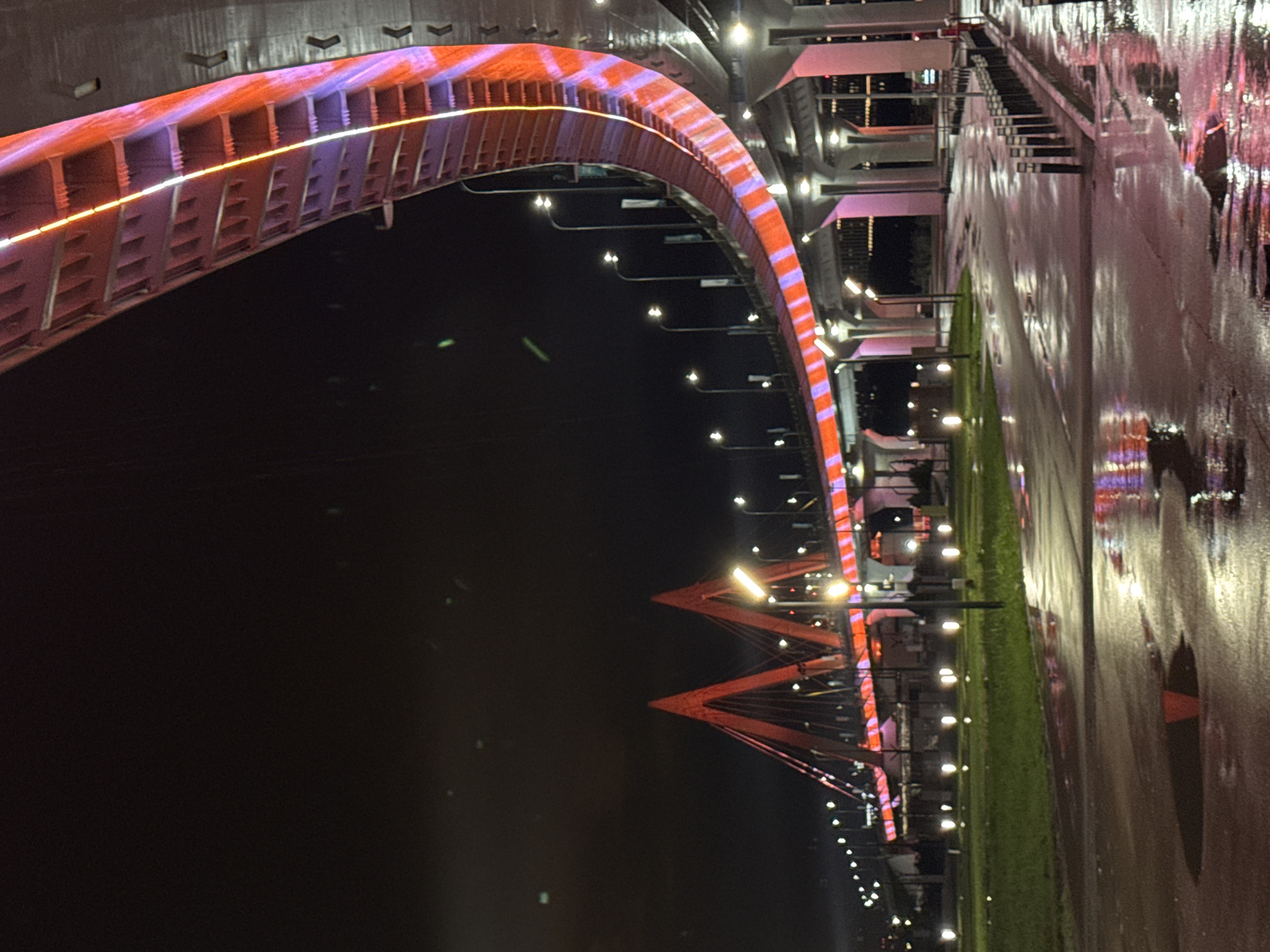 Millennium Bridge in Kazan displays colorful nighttime illumination