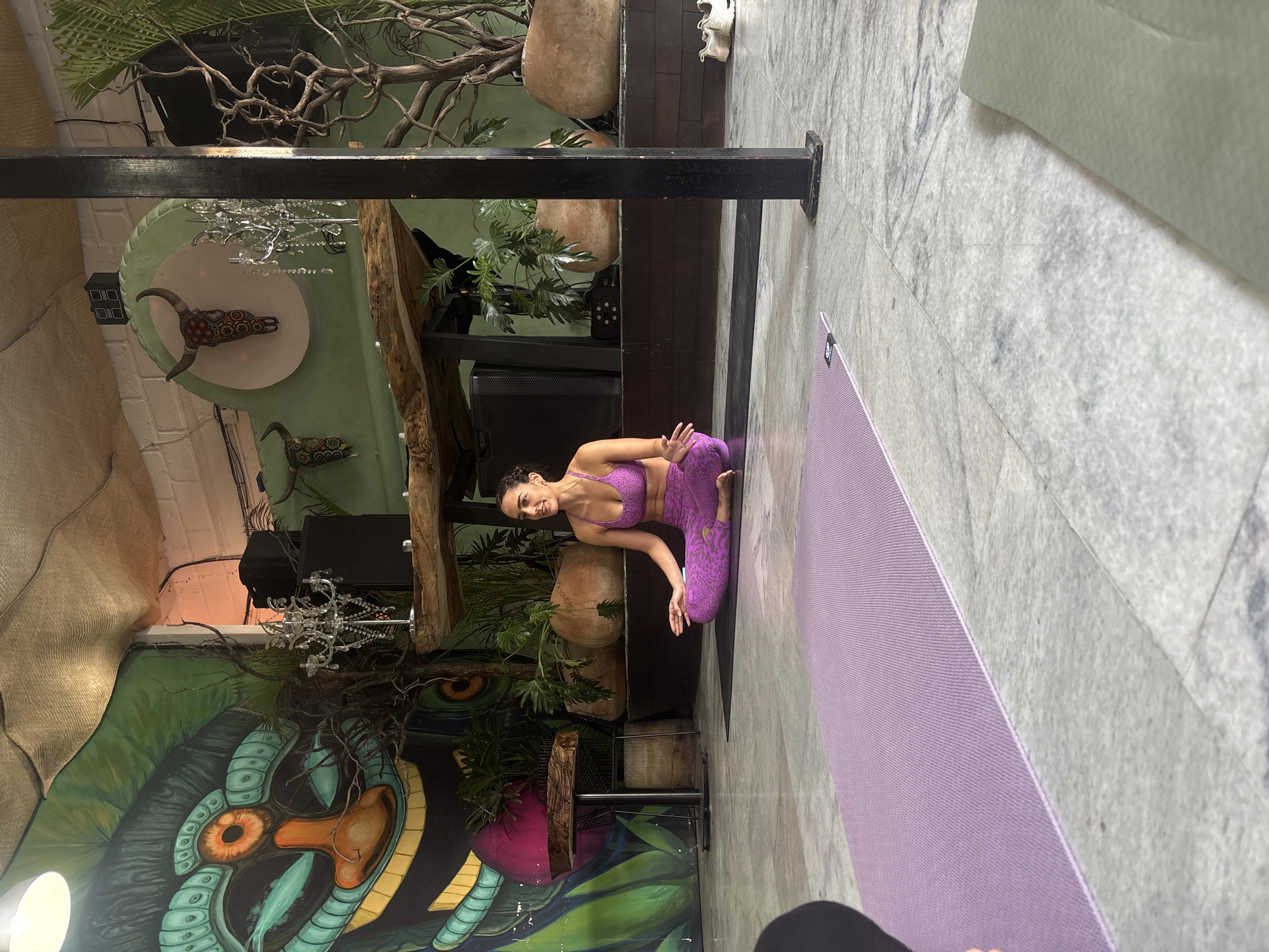 Yoga session documented at decorated Cuernavaca establishment