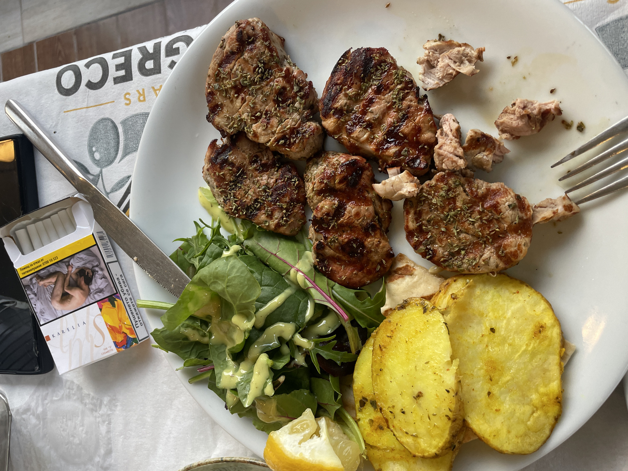 Mediterranean meal documented at Nea Vrasna restaurant June 2026