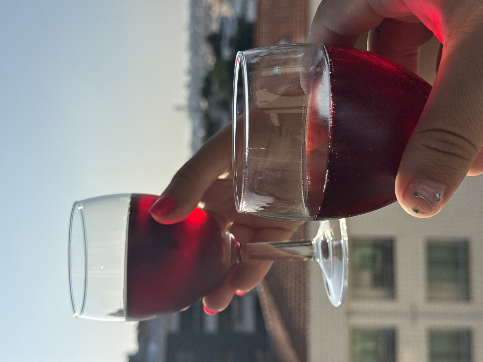 Red wine raised against the Porto skyline in Gaia