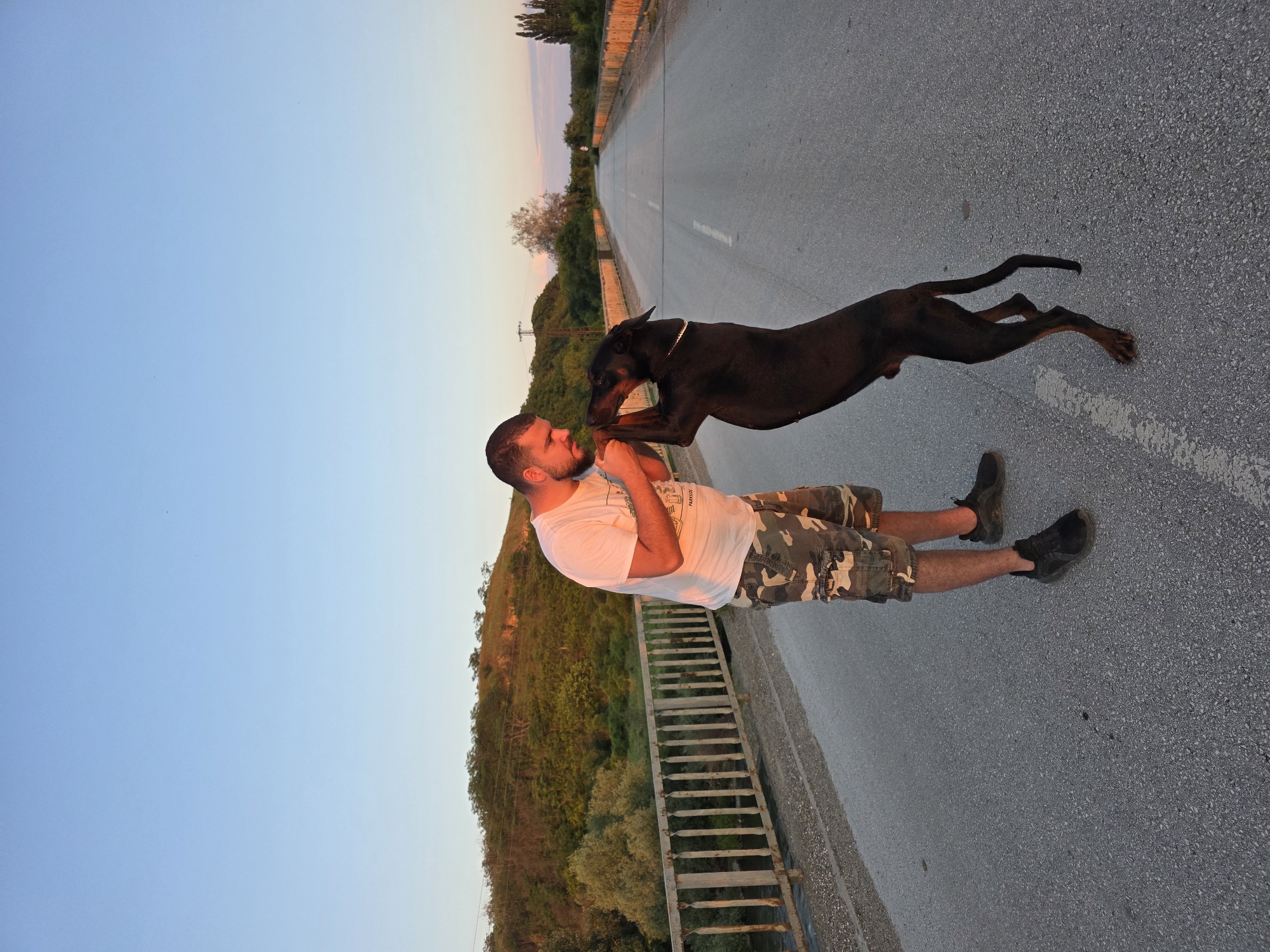 Man shares affectionate moment with Doberman on road during sunset