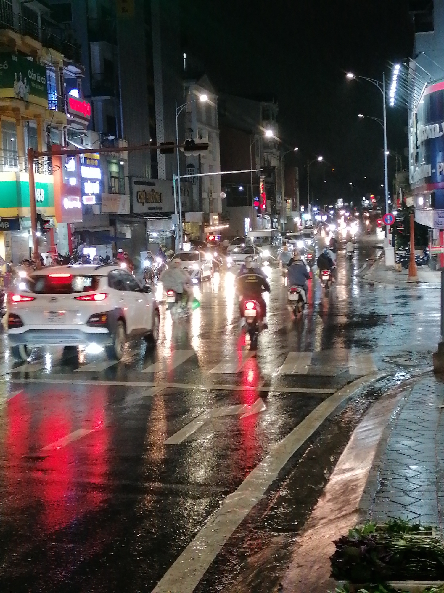 Rainy night in Da Lat: wet streets, tropical fruit, and Tết décor
