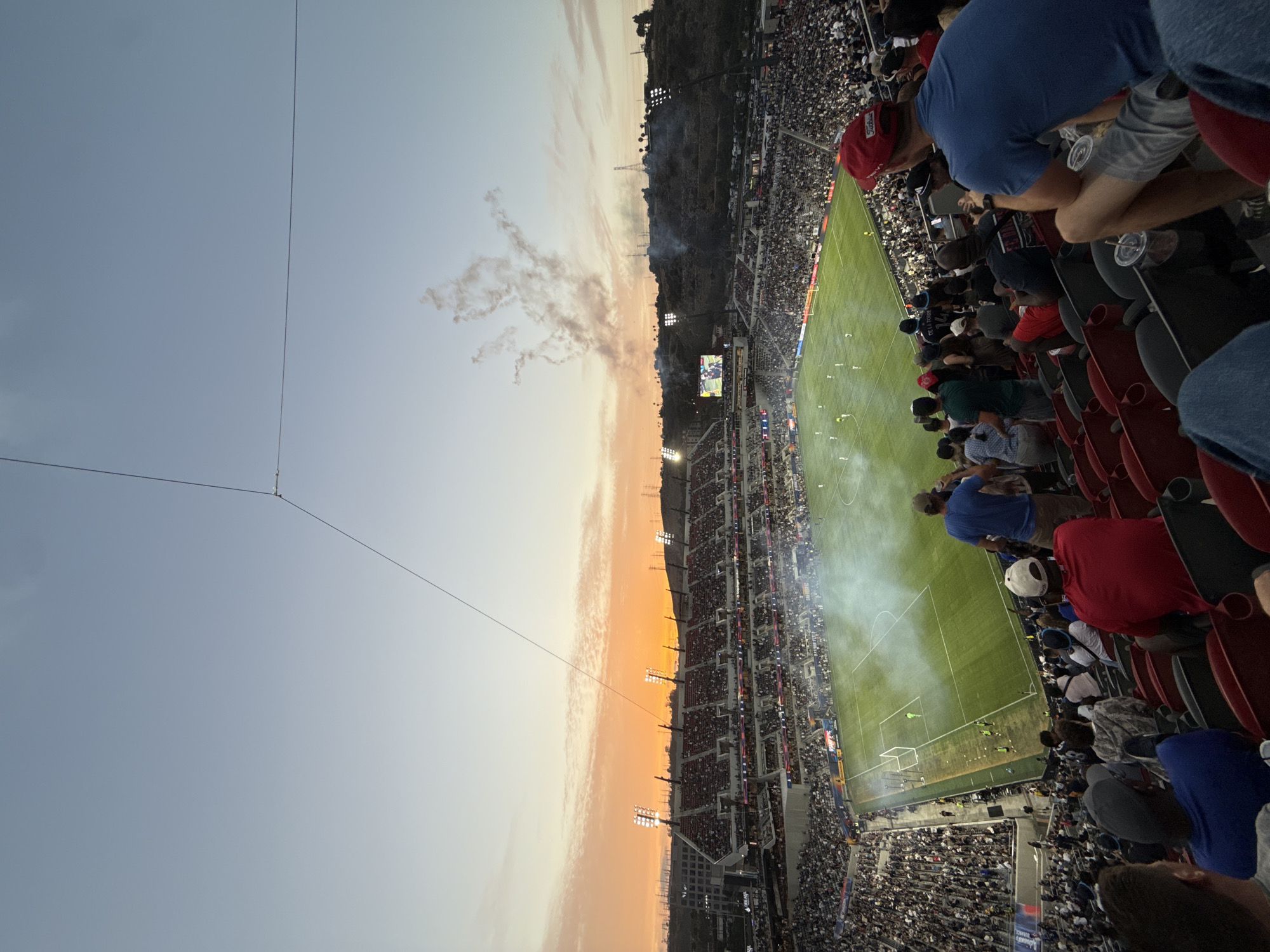 Sunset soccer at a packed Snapdragon Stadium in San Diego