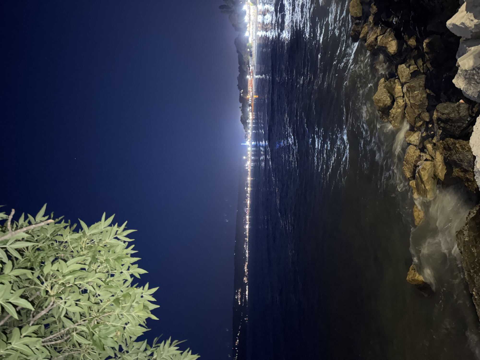 Nighttime rocky shoreline along the Varna coast, Bulgaria